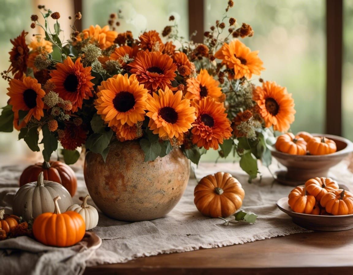 <lora:Flowers by Znarf:1.0> A bouquet of sunflowers and dahlias in a clay vase on a wooden table with a couture tableclo...