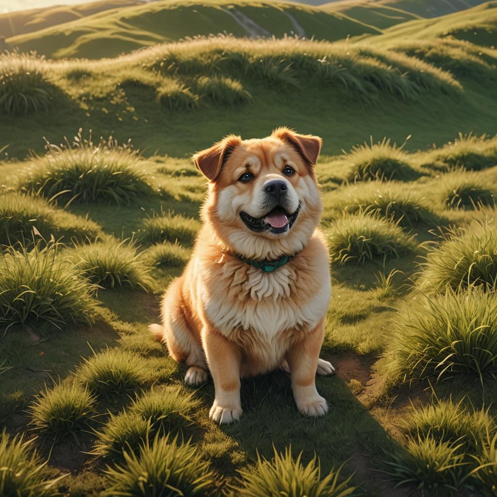 Chubby Dog on Grassy Hill: Pixar-Inspired 3D Render