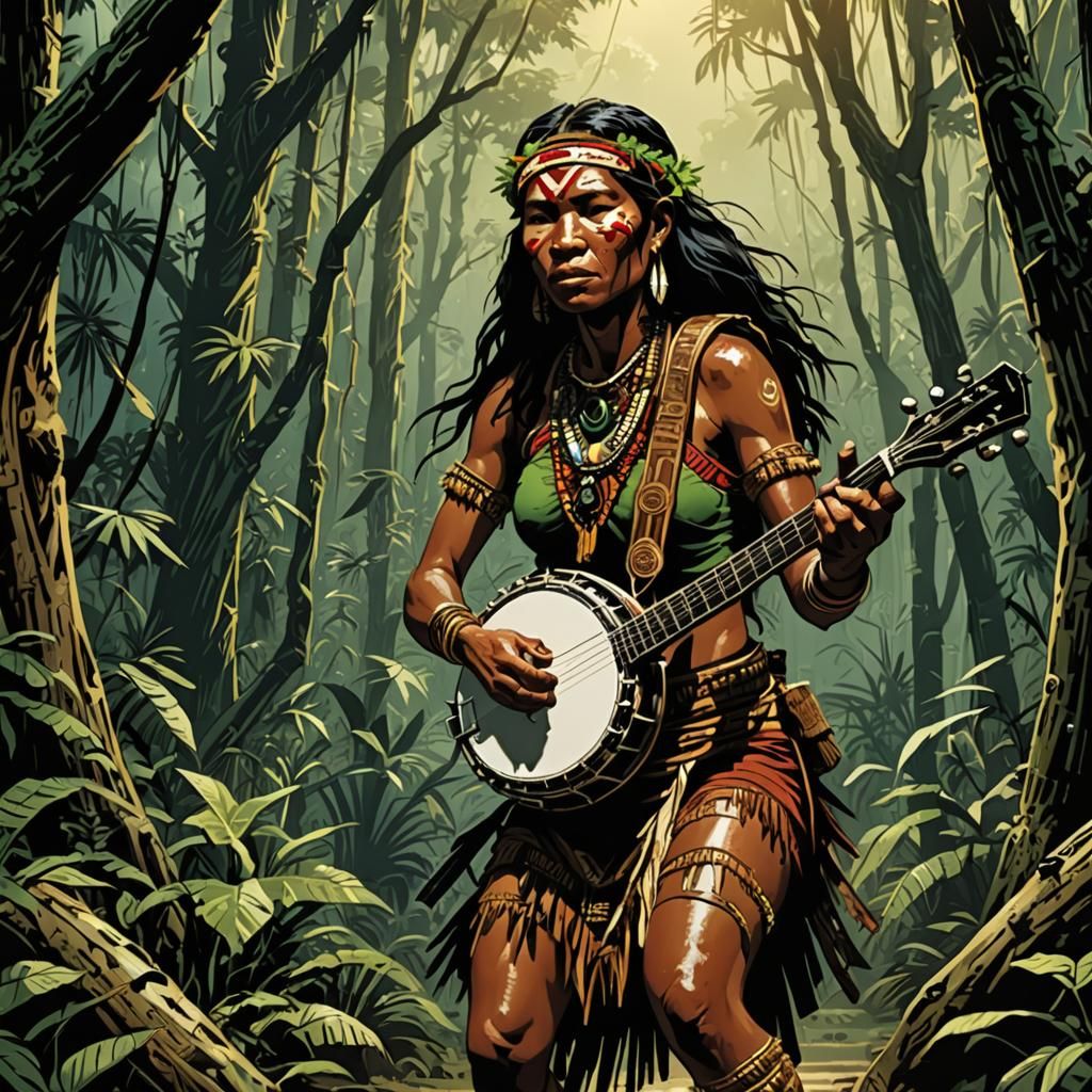 Yanomami Woman Plays Banjo in Comic Book Art