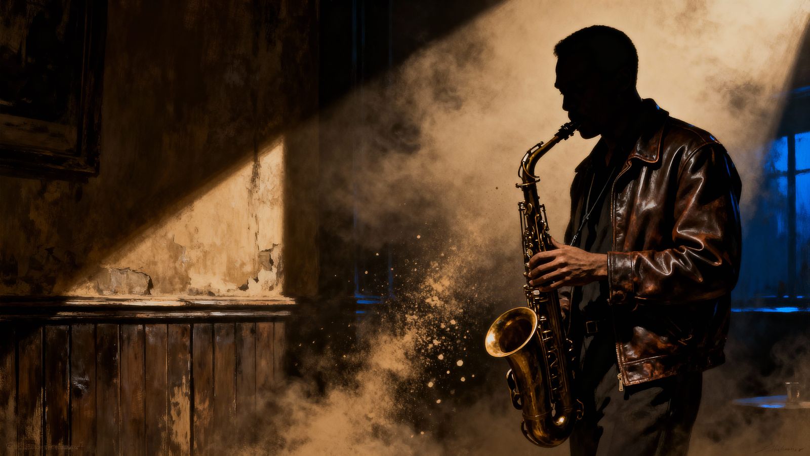 Jazz Saxophonist in Smoky Speakeasy, Film Noir Style