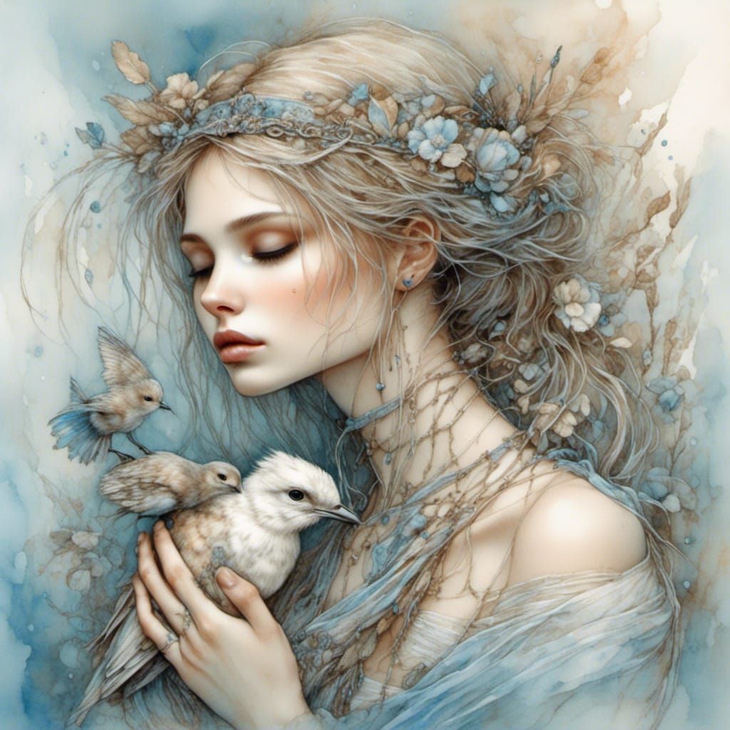 Whimsical Art: Person Cradling Injured Bird