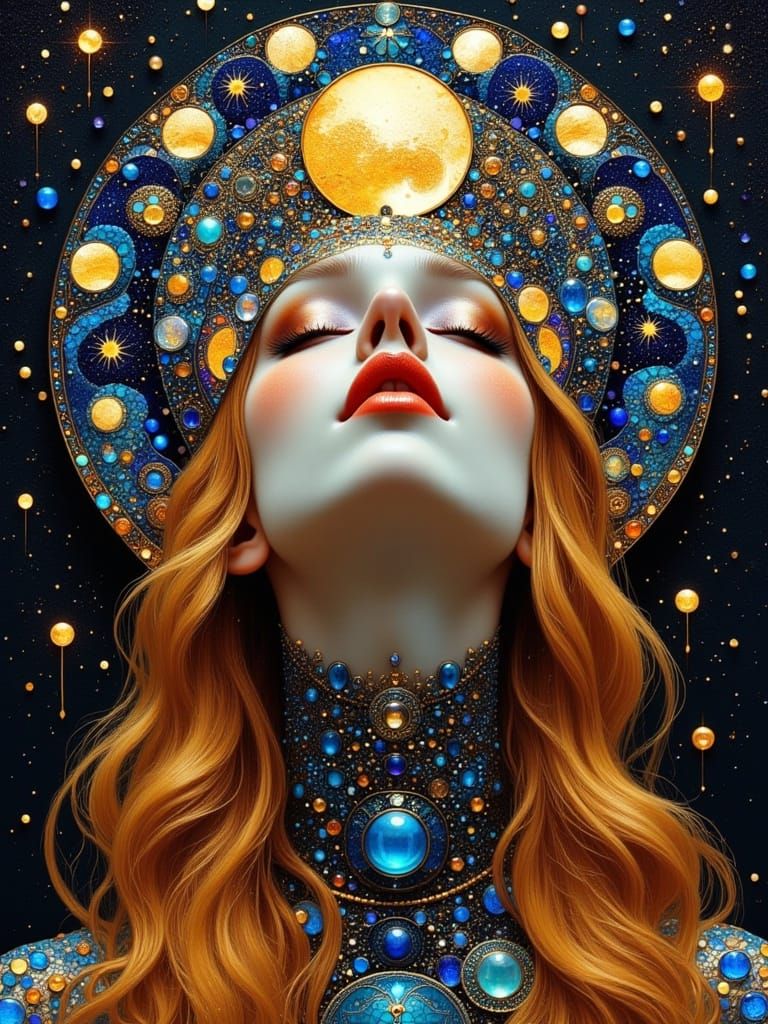 Ethereal Moon Goddess in Intricate Celestial Headdress