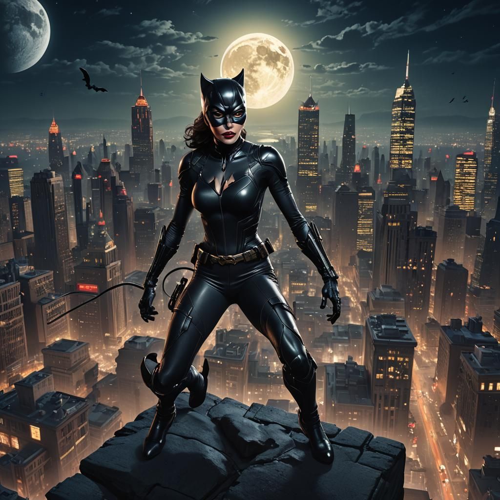 Dangerous Catwoman Under Full Moon in Detailed Painting