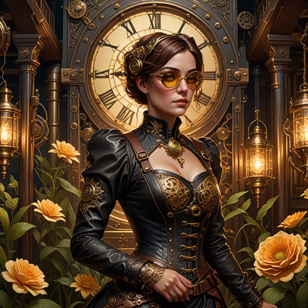 Steampunk Woman Tends to a Vibrant, Glowing Garden