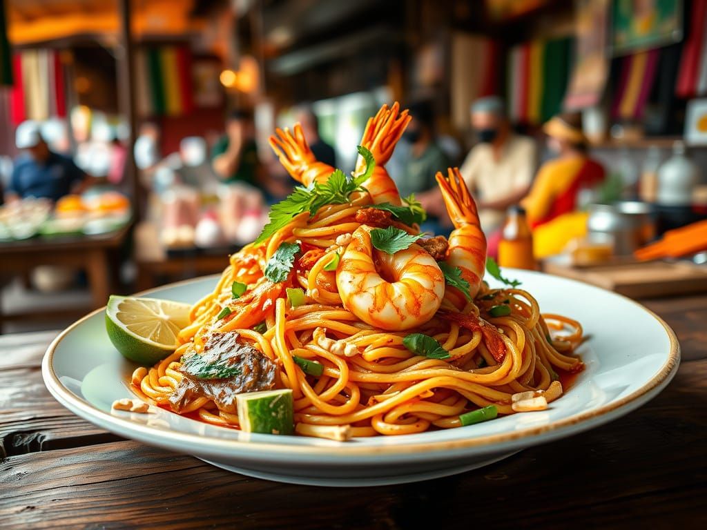 Delicious Pad Thai with Prawns in Thai Market