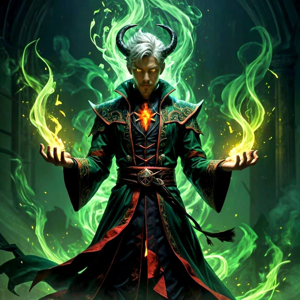 Green Flame Mage Summoning Infernal Magic, WLOP Style