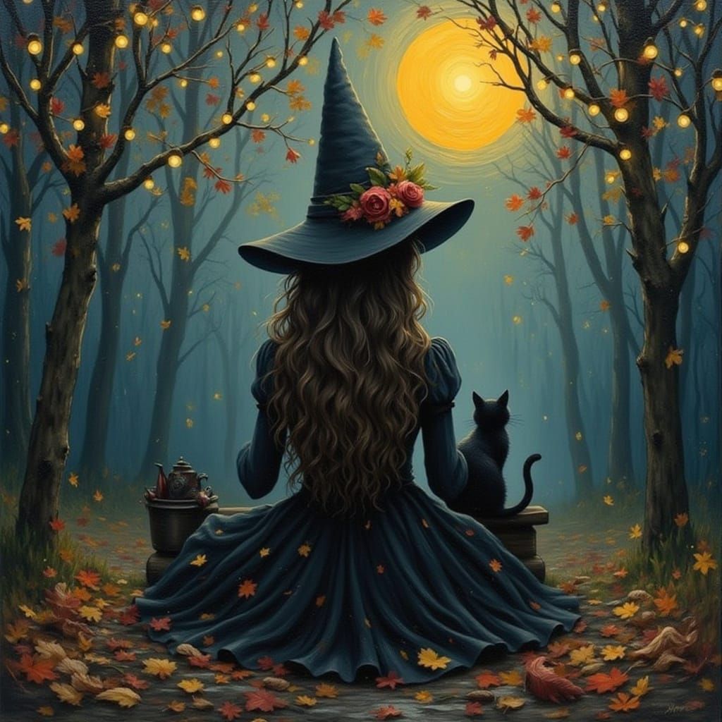 Enchanting Autumn Night: Witch, Cat, and Moon