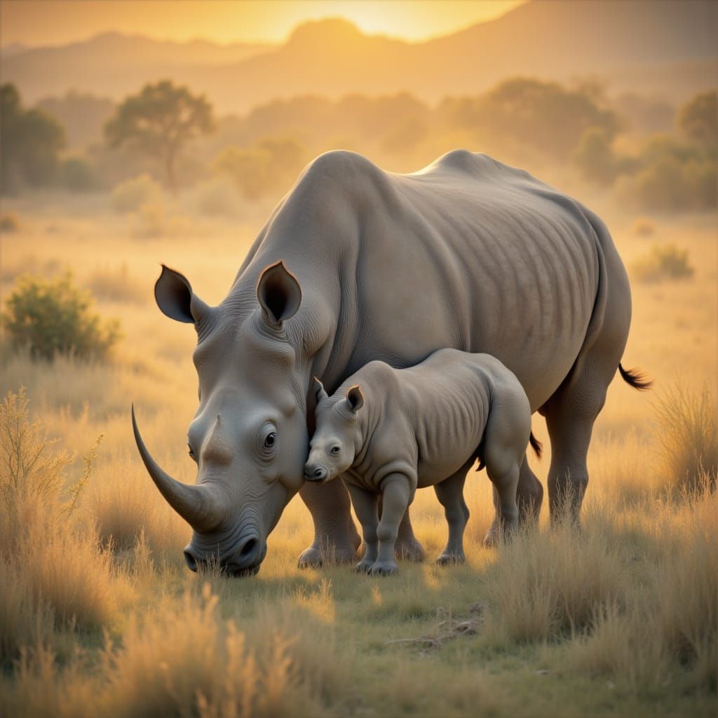 Rhino Mother and Baby Grazing in Golden Hour Savanna