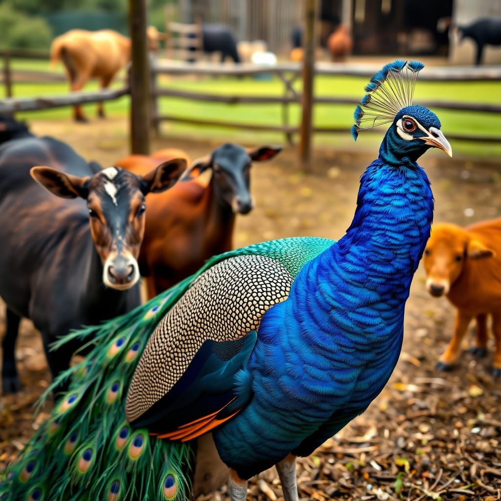Vibrant Peacock Thrives Among Farm Animals in Hyperrealist S...