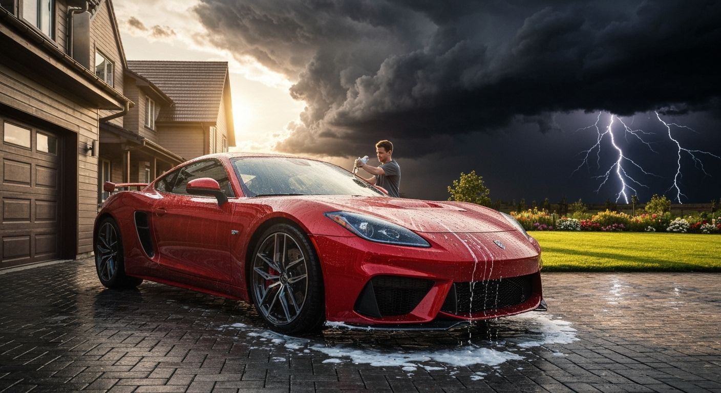 Cherry Red Sports Car Washed Under Dramatic Storm Clouds