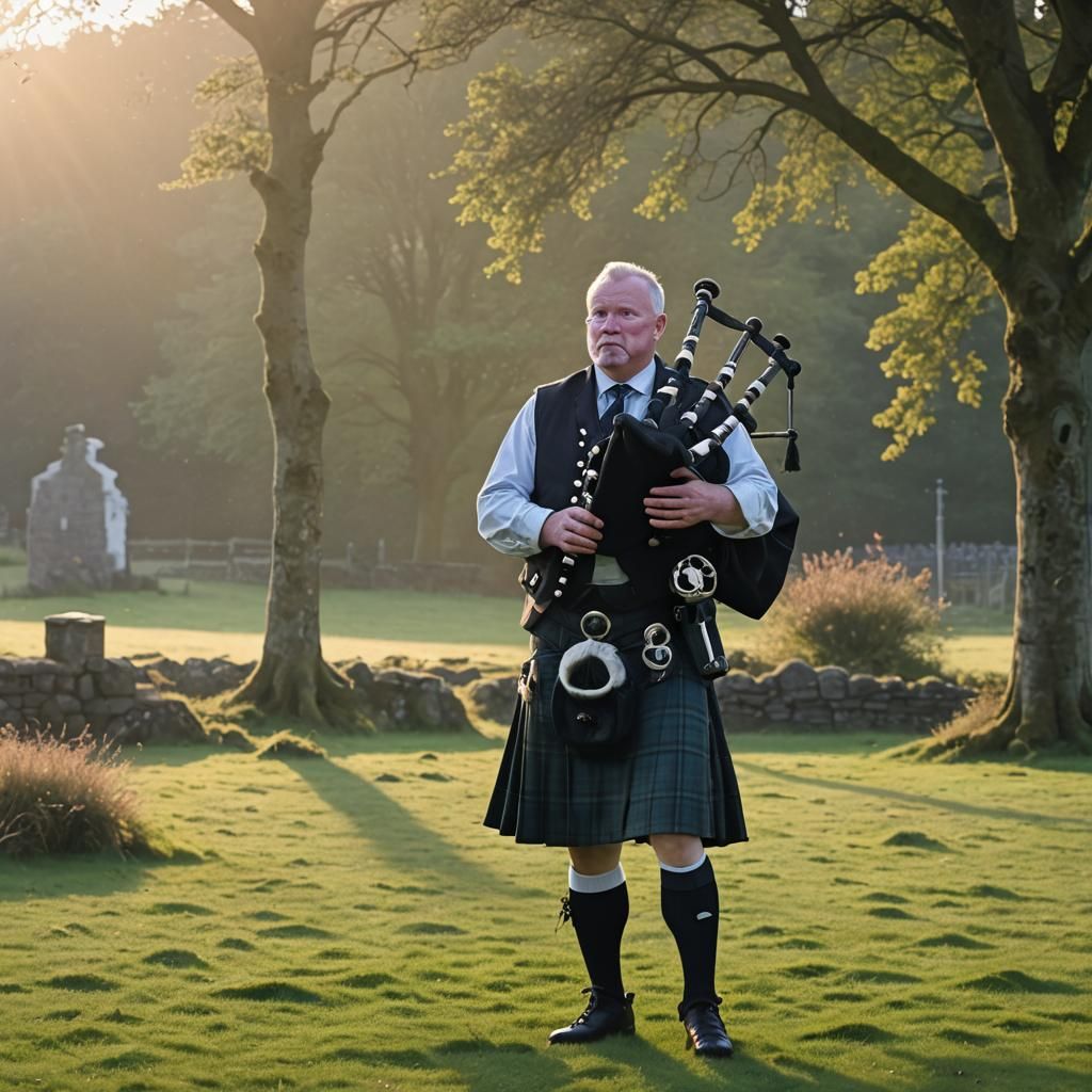 Bagpiper Plays at Sunrise in Scotland