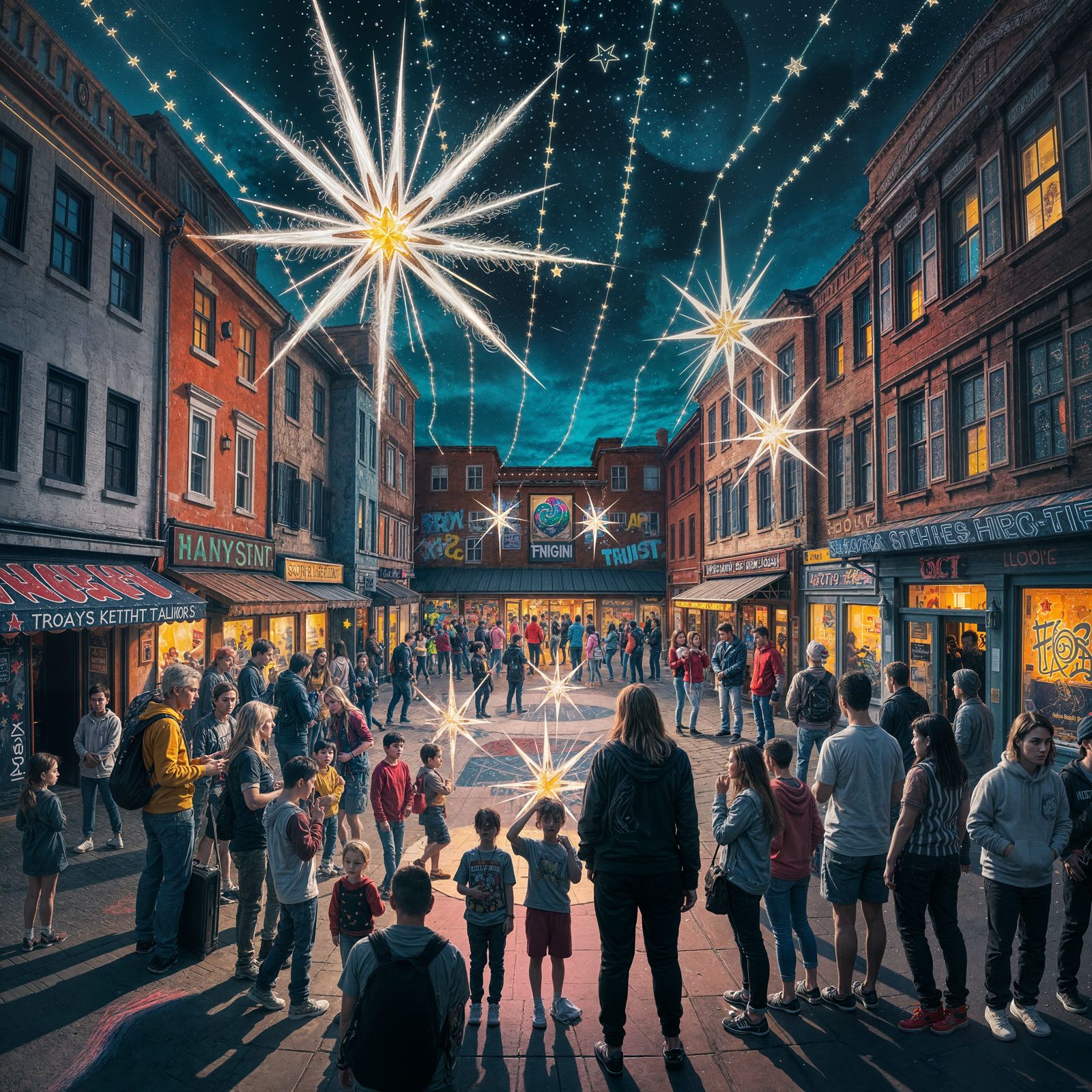 Starfall Night Celebration in a Decorated Town Square
