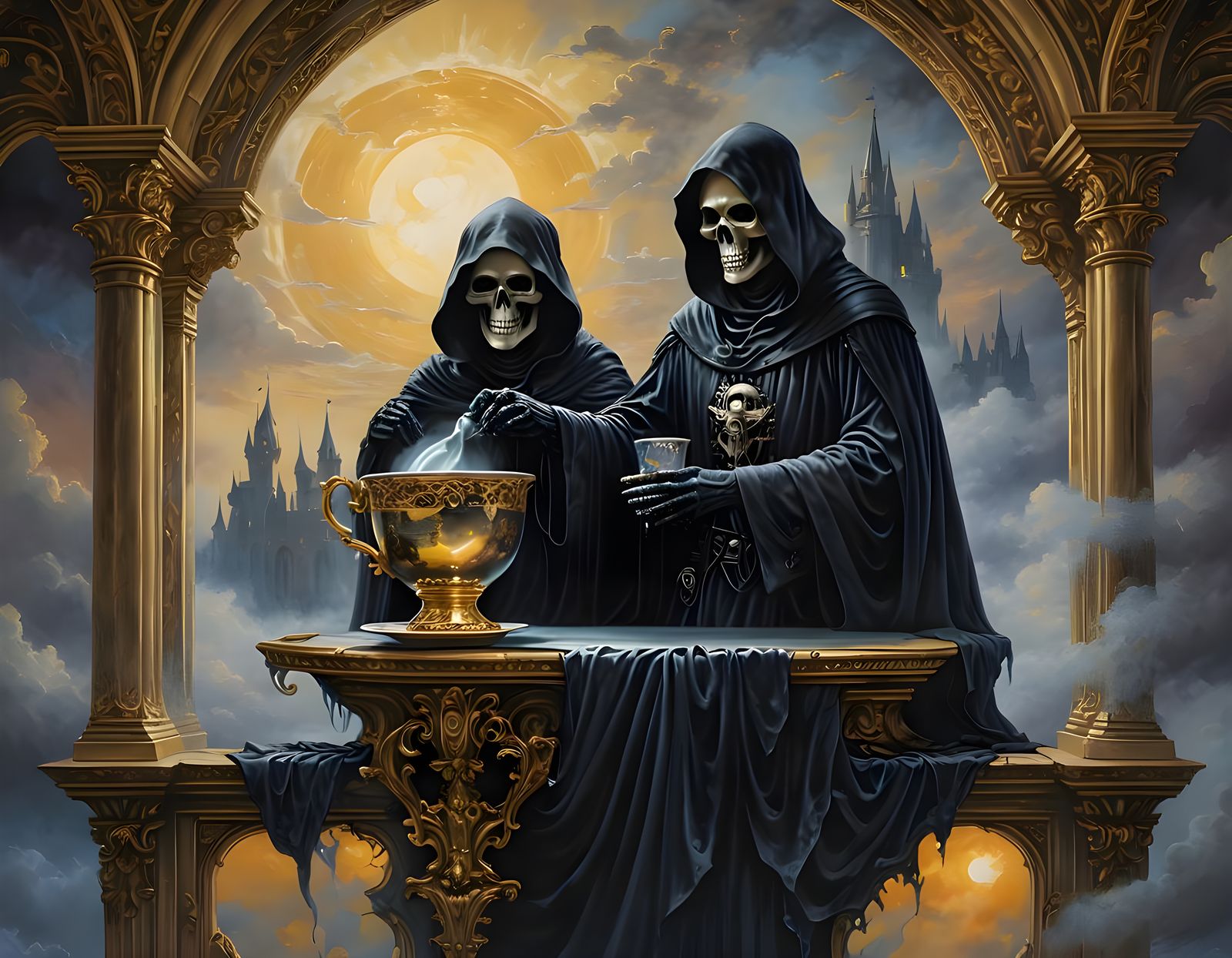 Grim Reaper Paints Haunted Castle in Ornate Teacup
