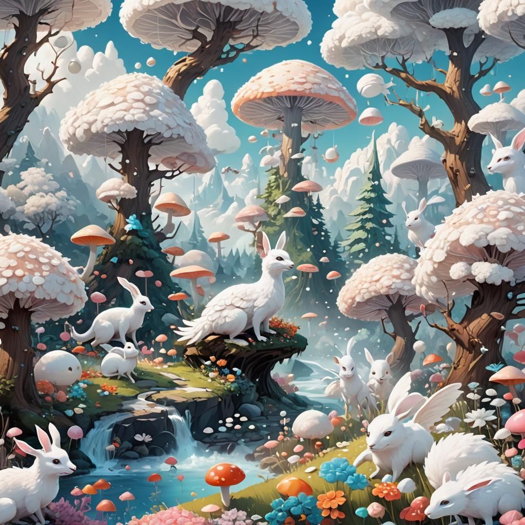 White Creatures in a Whimsical Candy Art Landscape