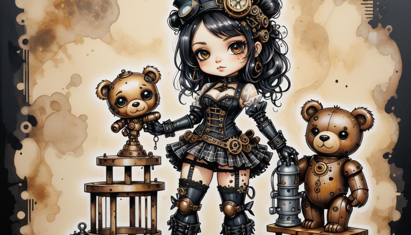 Steampunk Chibi with Robot Bear in Detailed Impasto Style