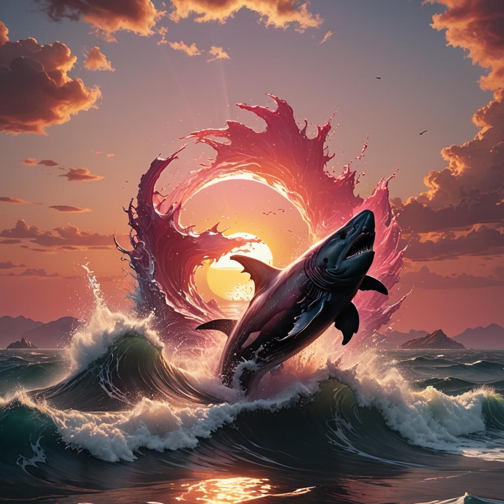 Whale Leaps at Sunset in Detailed Digital Art