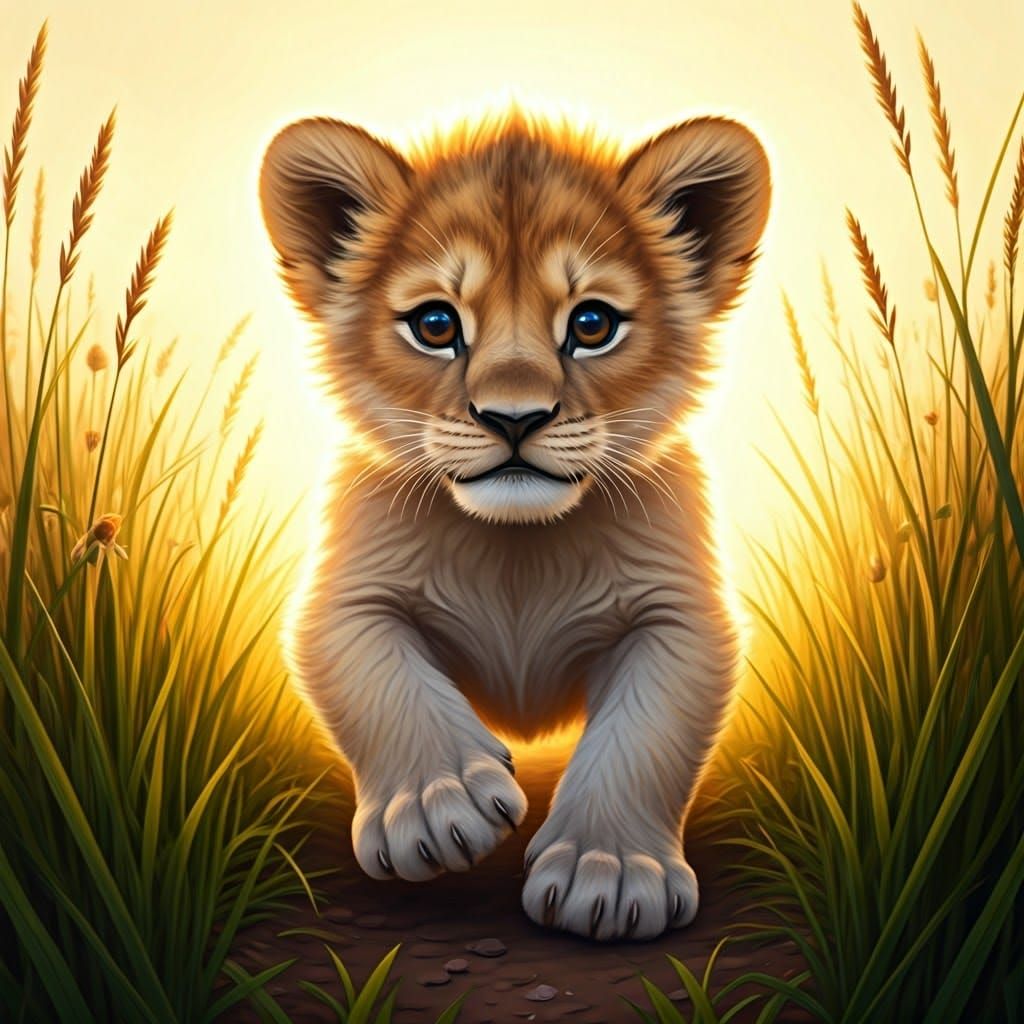 Whimsical Lion Cub in a Sunlit Meadow
