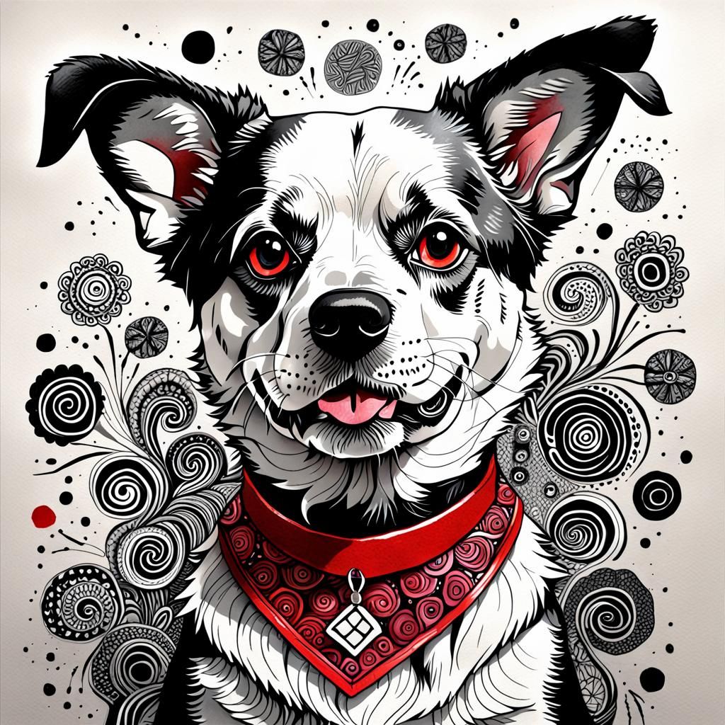Line Art(dog, creamed, black and white, red collar, zentangl...