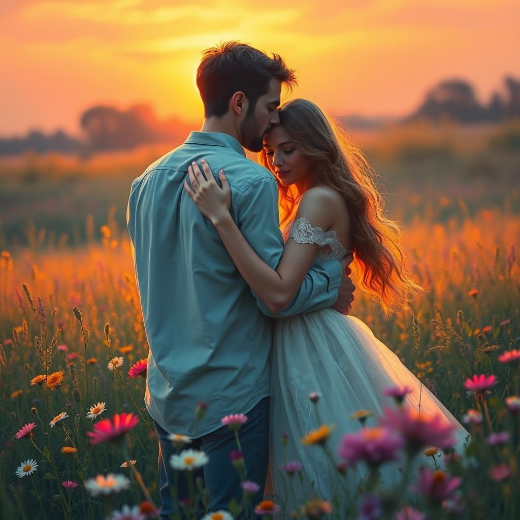 Soulmates Embracing in a Whimsical Sunset Meadow