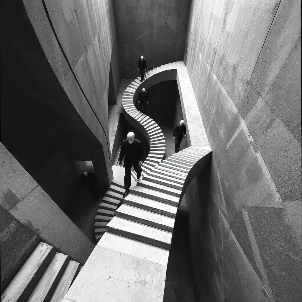 Monochrome Staircase to Nowhere in Surreal Dreamscape