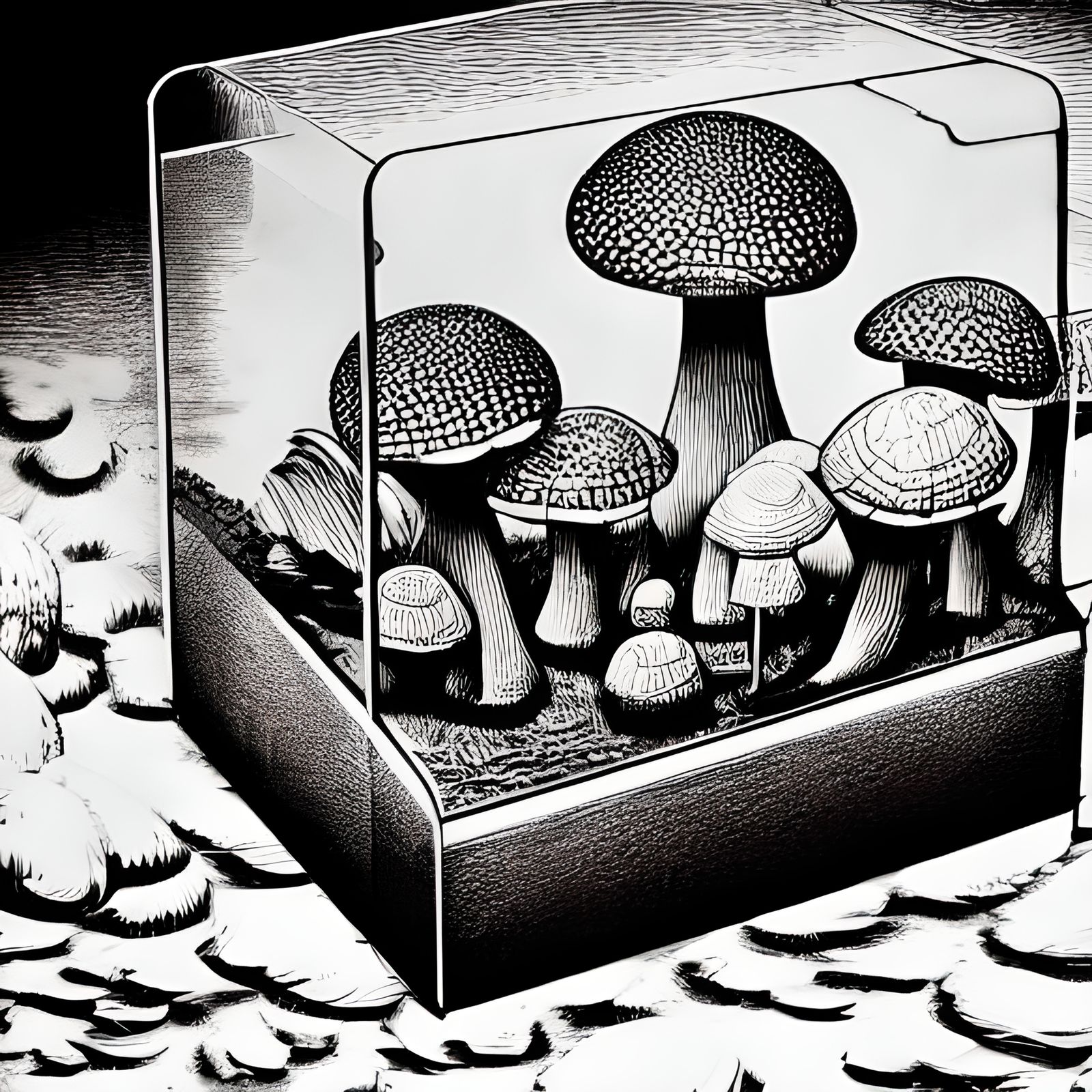 Fly Agaric Mushrooms in Linocut Style