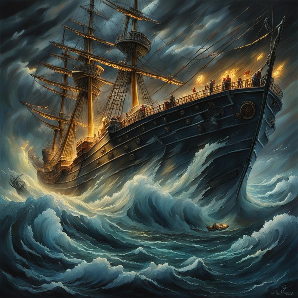 Ghostly Ship Battles Stormy Seas in Romanticism Style