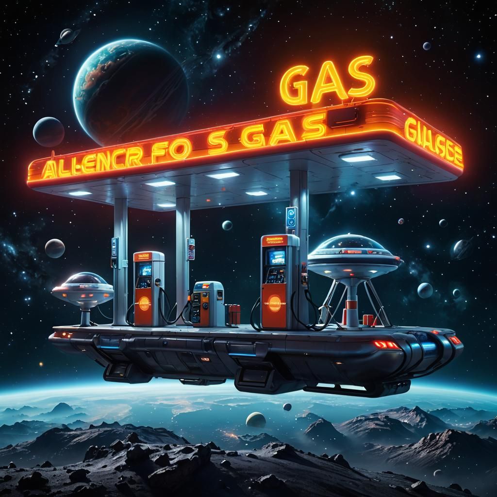 Futuristic Alien Gas Station in Space with Neon Sign