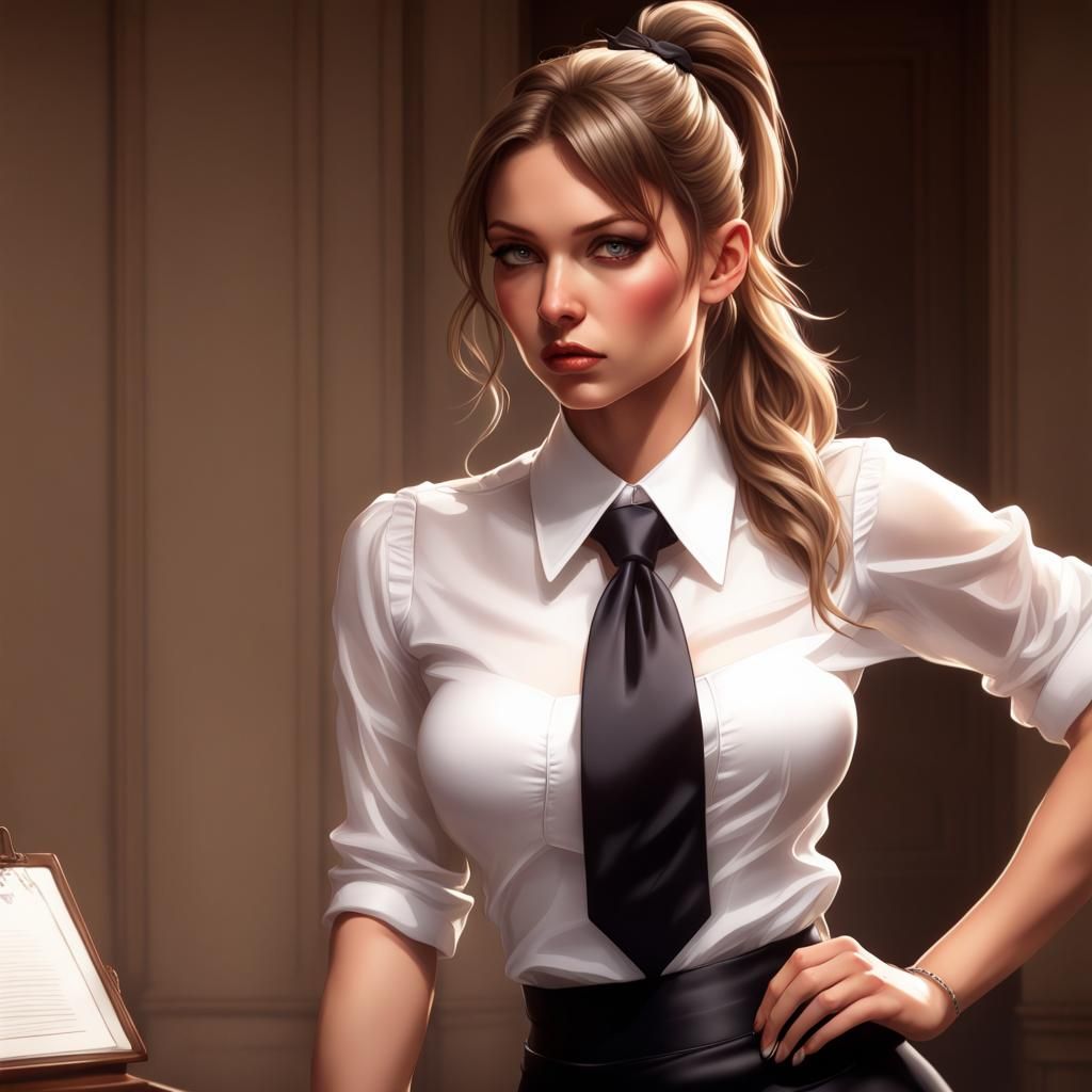 Secretary in White Shirt, Pencil Skirt: Hyperdetailed Portra...