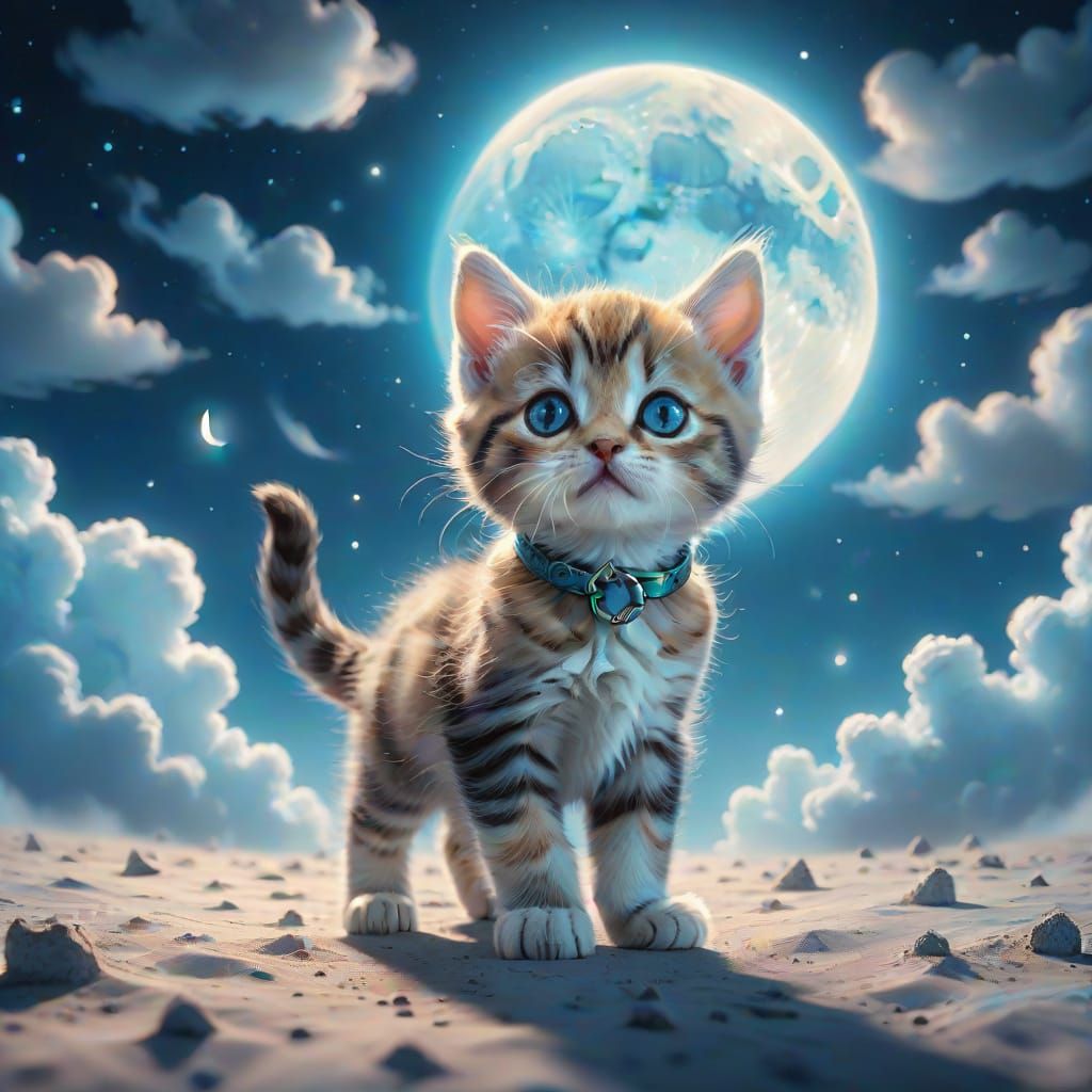 Whimsical Kitten Explores Lunar Dreamscape in Ethereal Surre...