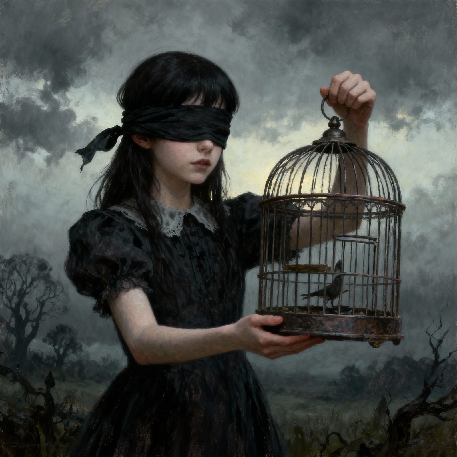 Girl Offers Empty Birdcage in Dreamlike Gothic Style