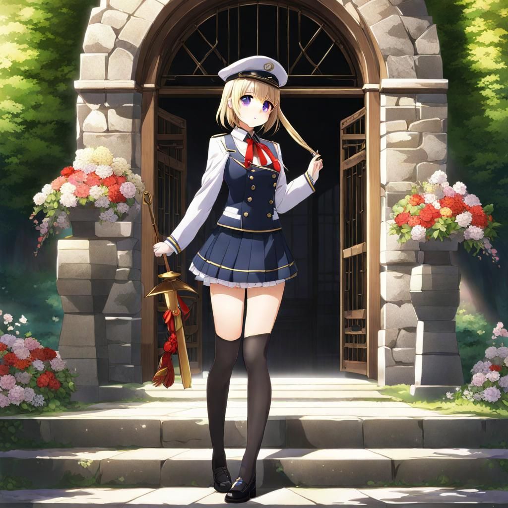Anime Style Woman in Uniform Posing near Stone Building