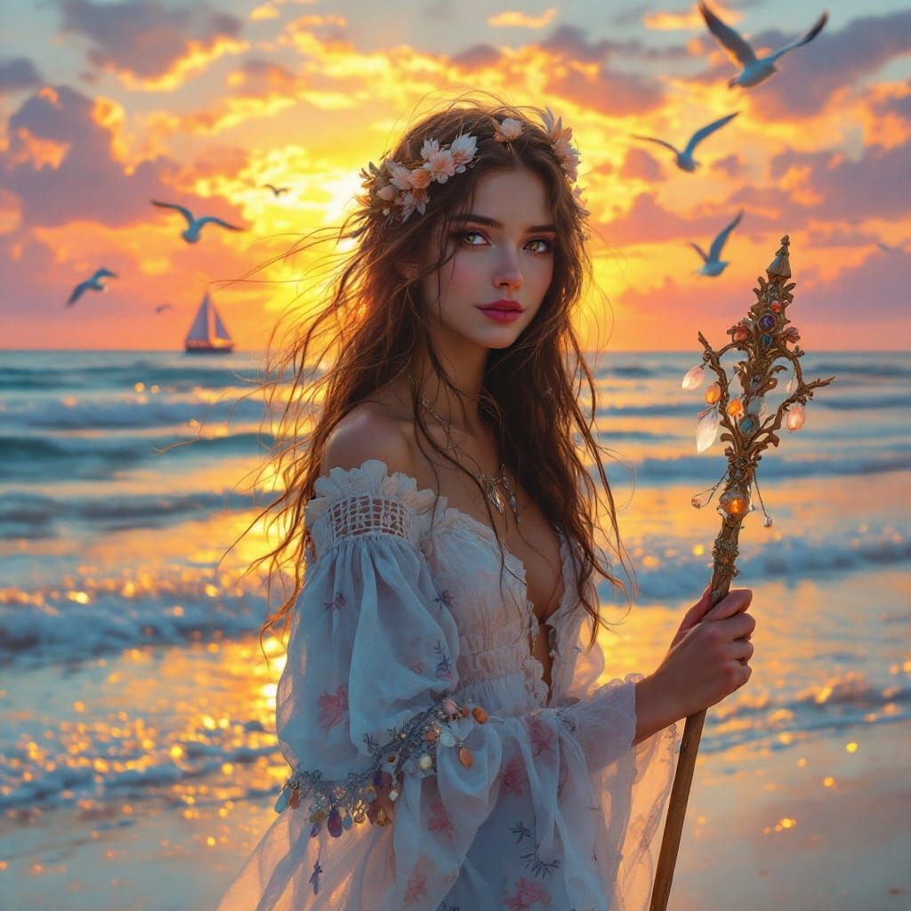 Mystical Witchwoman at Sunset: Ethereal Beach Scene