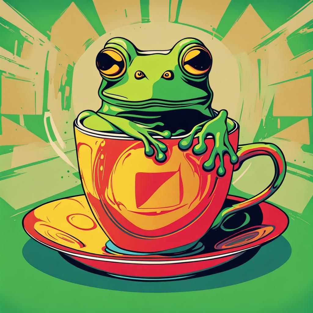 Green Frog in Coffee Cup: Pop Art Screen Print