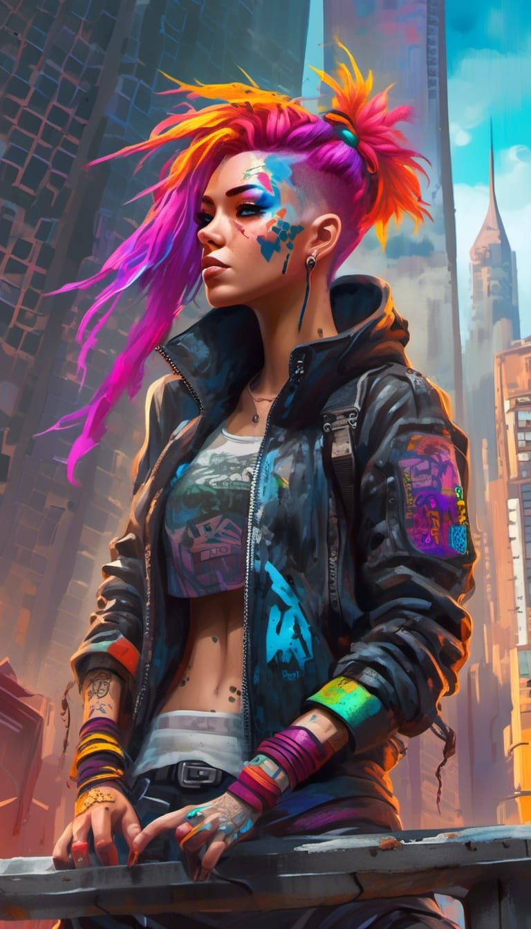Cyberpunk Woman on Skyscraper in Graffiti Style