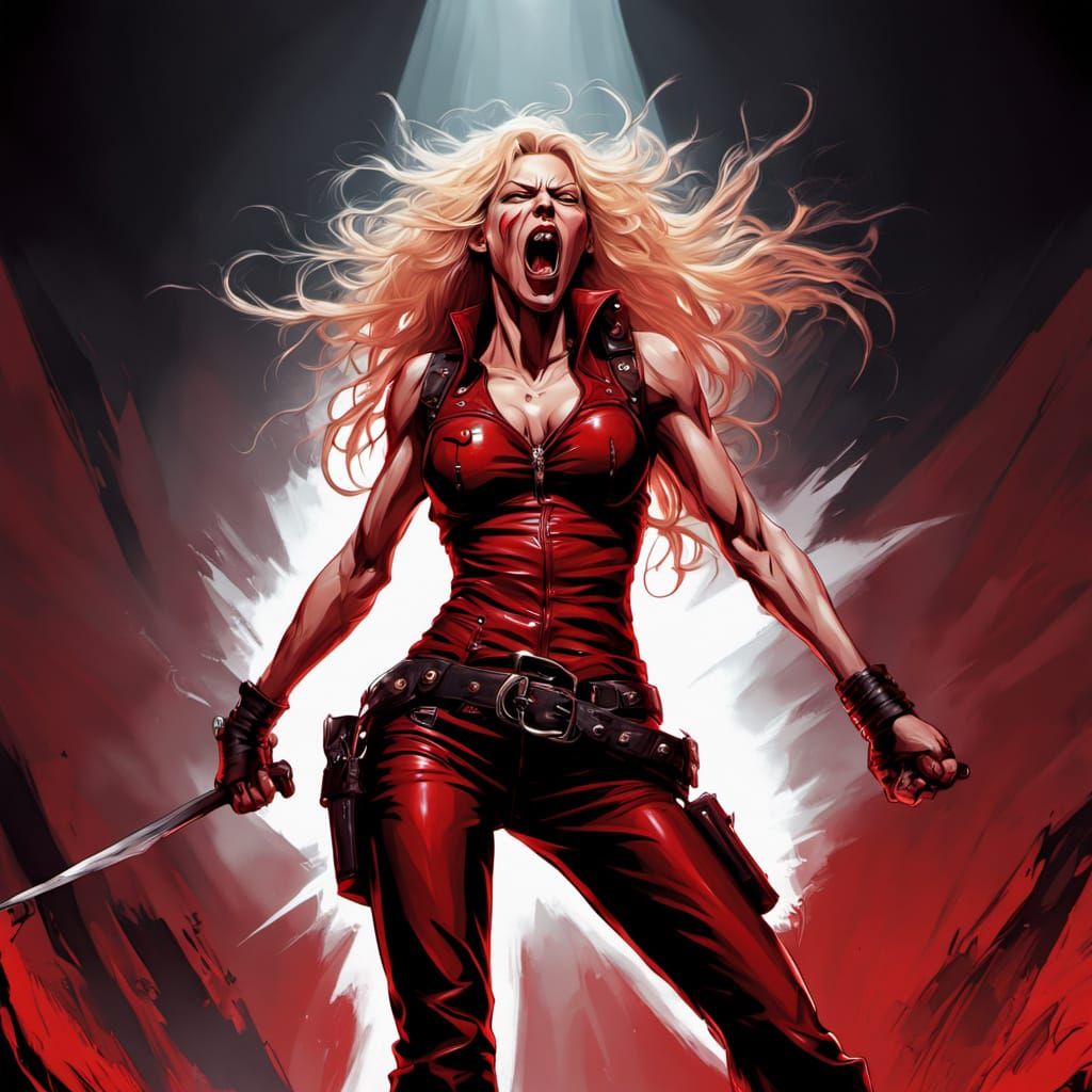 Angela Gossow Caricature in Red Jumpsuit, Aggressive Perform...