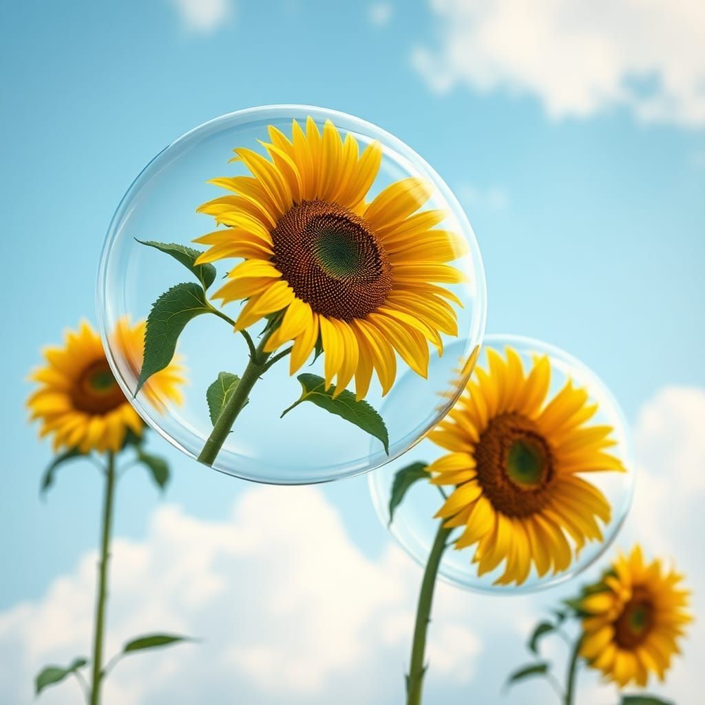 Sunflowers Trapped in Bubbles: Hyperrealistic 3D Art