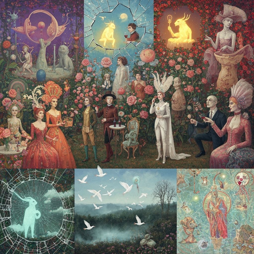 Surreal Garden Party with Dreamlike Creatures