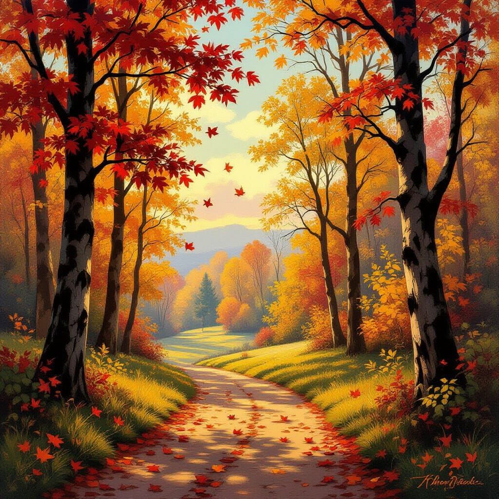 Vibrant Fall Foliage Landscape in Impressionistic Style