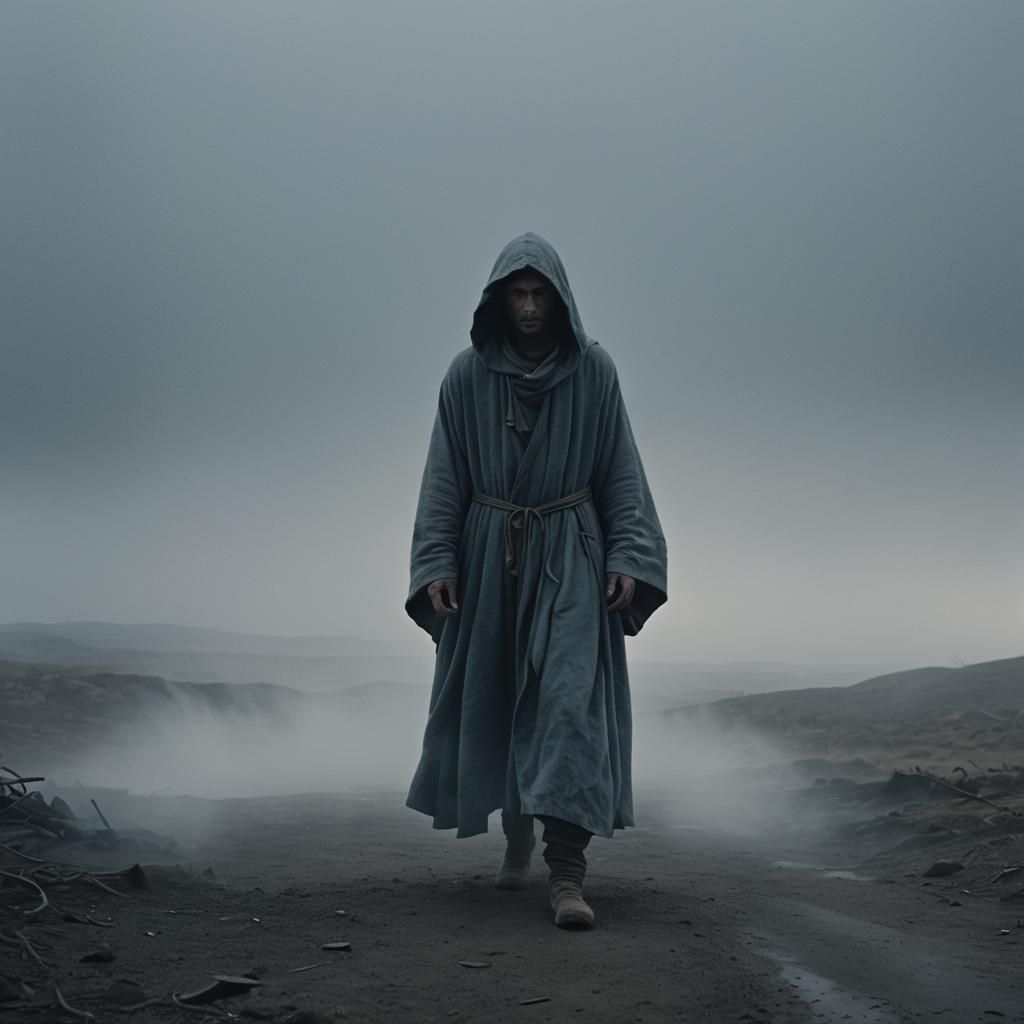 Hooded Figure in Misty Landscape: Hyperrealistic Photography