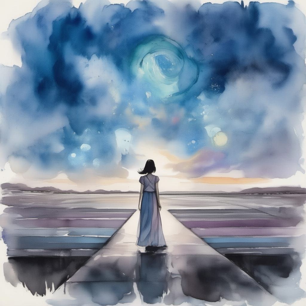 Woman on Twilight Platform, Ethereal Lights, Watercolor Styl...