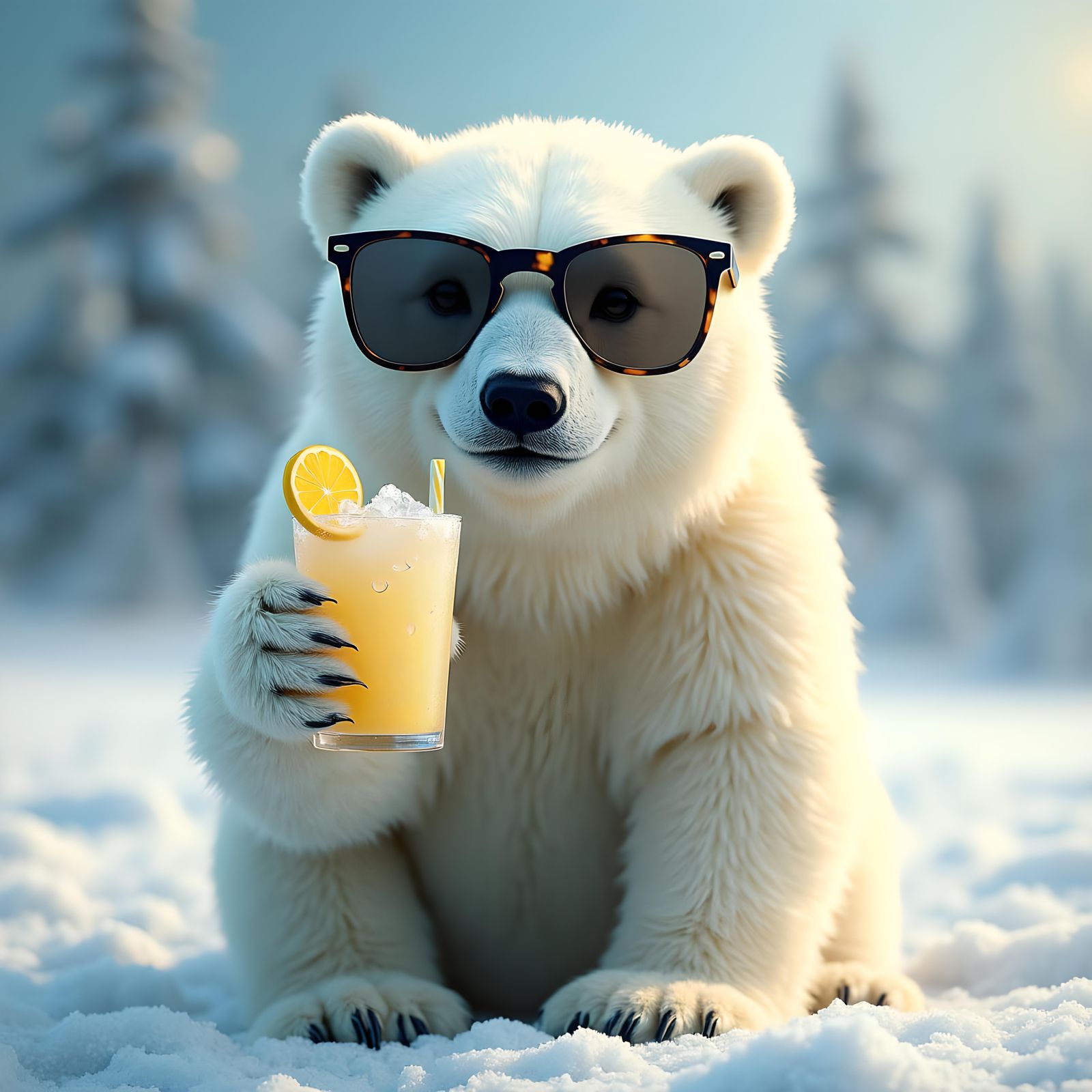 Polar Bear Sipping Lemonade in the Snow