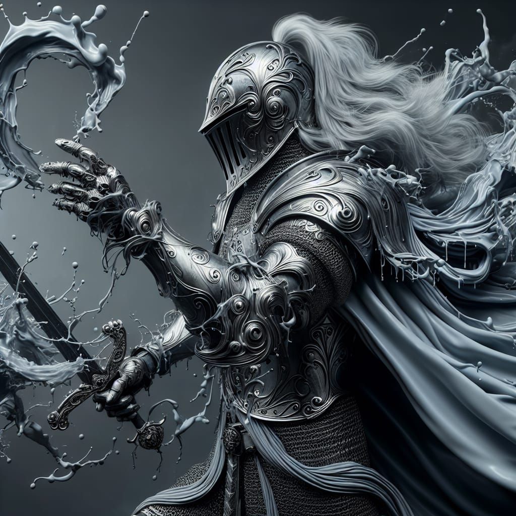 Armored Knight with Flowing White Hair and Sword