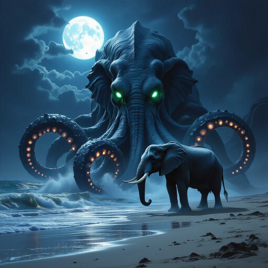 Colossal Kraken Devours Elephant on Moonlit Beach