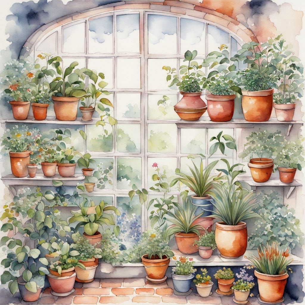 Stunning Watercolour Glasshouse Scene with Colourful Plants