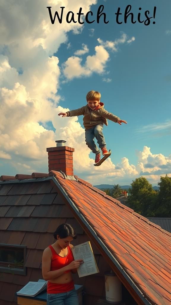 Pogo Stick Kid's Rooftop Jump in Hyperrealism