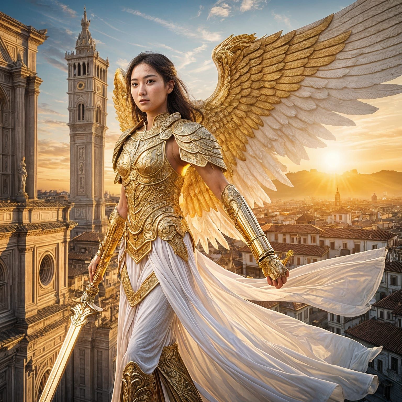 A majestic Asian warrior angel with flowing golden armor and...