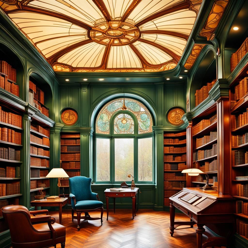 Cozy Art Nouveau Library Office Interior