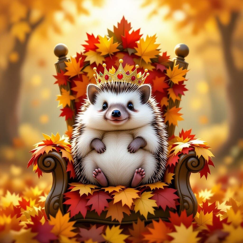 Hedgehog King on Leaf Throne in Autumn Fairy Tale Style