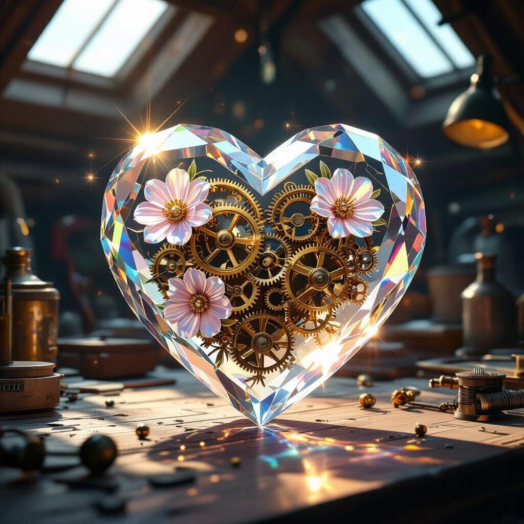 Crystal Steampunk Heart with Gears and Flowers