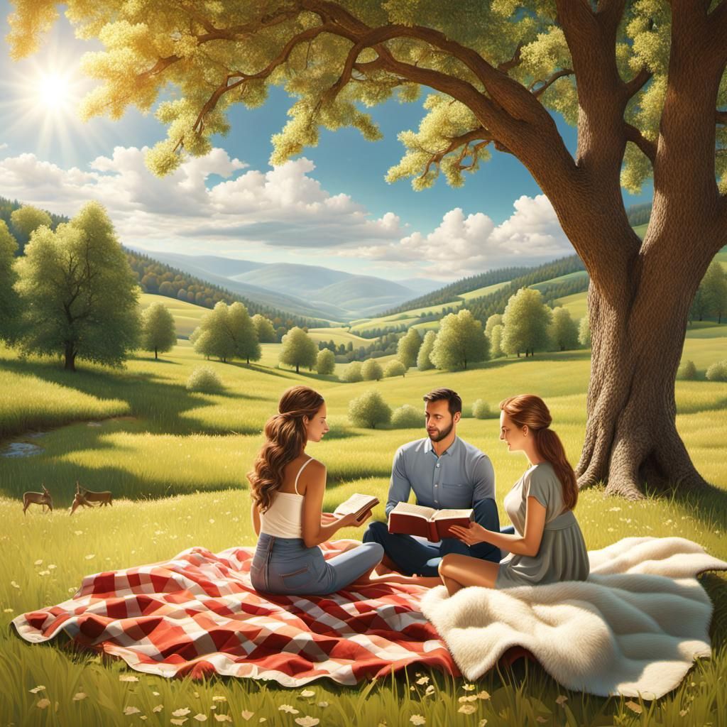 Couple Reading Bible in Pastoral Valley on Sunny Day